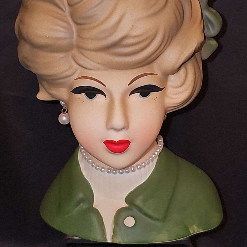 Napcoware Vintage Lady Head Vase with Green Jacket - Picture 2 of 5